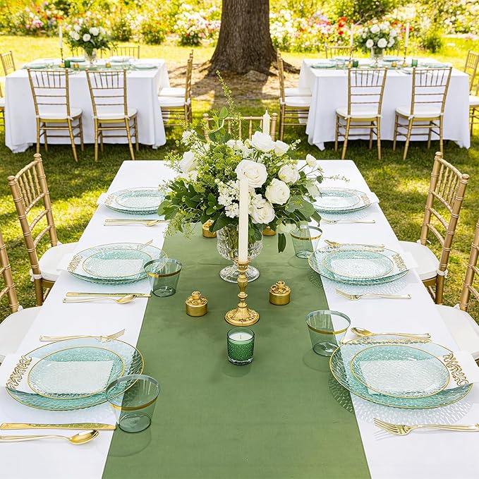 DaYammi 175 Pcs Green Plastic Plates Dinnerware Set (25 Guests), Hammered Plates Sets, Green Party Platos Set include 50 Disposable Platos, 75 Gold Plastic Silverware, 25 Cups 25 Napkins