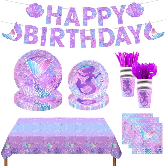 182pcs Mermaid Themed Plates and Napkins Set,Mermaid Birthday Party Decorations for Girls Birthday Party Supplies,Serve 30 Guests