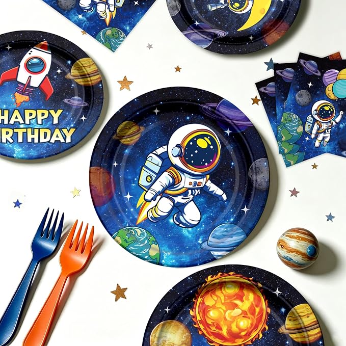 NeoRov 220 Pcs Space Themed Birthday Party Decorations Tableware Set | Service 25 Guests | Includes Banner, Cake Topper, Balloons, Plates And Napkins Paper Cup | For Space Astronaut Themed Party