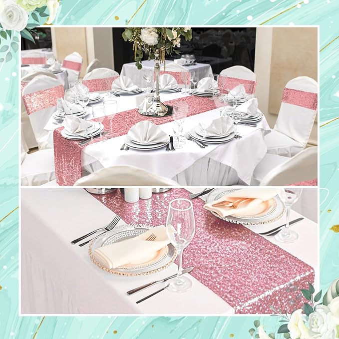 54 Pieces of Rose Gold Sequin Chair Ribbons and Table Runners, 48 Sequin Chair Bows, 6 Glitter Table Runners, Suitable for Wedding Parties Birthday Meeting Events Decorations (Rose Gold)