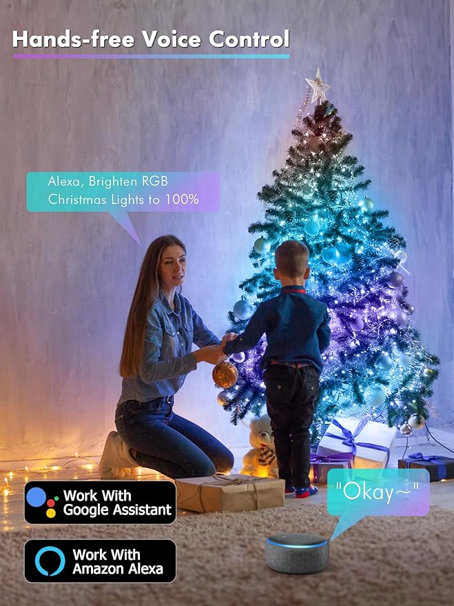 BrizLabs Smart July 4th Lights, 33ft 100 LED Red White Blue Fairy Lights Work with Alexa/Google Home, WiFi Xmas Light Dimmable RGB Color Changing Twinkle Starry Light for Xmas Home Party Halloween