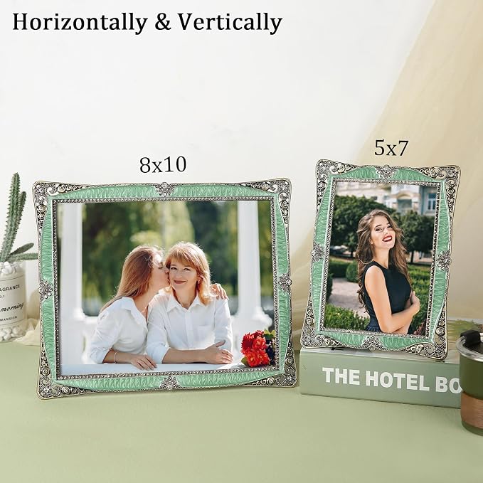 8x10 Vintage Picture Frame with Green Metal Brass Pearl for Wedding Decoration Photo Frame, Clear Glass Front Cover Ornate Antique Art Tabletop Display Unique Gifts, Horizontally & Vertically