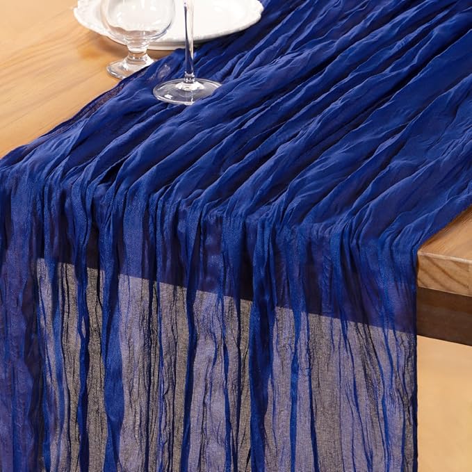 DeZerlor Royal Blue Cheesecloth Table Runner Spring Easter Table Runners Boho Gauze 120 Inches Table Decor for Wedding Bridal Baby Shower Parties