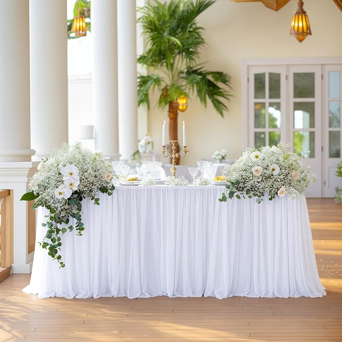White Table Cloths 8 Foot Rectangle Stretch Ruffle Tulle Tablecloth Spandex Fitted Table Cover for 8 Foot Tables White Tulle Table Skirts Rectangle Tables 8ft Elastic Party Wedding Table Cloths