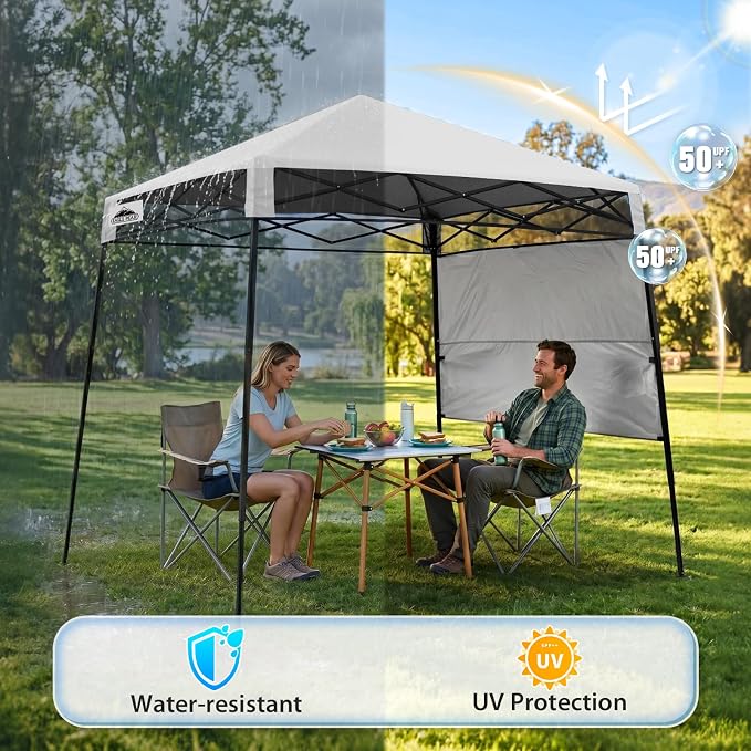 EAGLE PEAK 8x8 Pop Up Canopy Tent with Sidewall, Compact, Portable Slant Leg Instant Sun Shelter for Beach, Sports, & Camping, 8x8 Base 6x6 Top, White