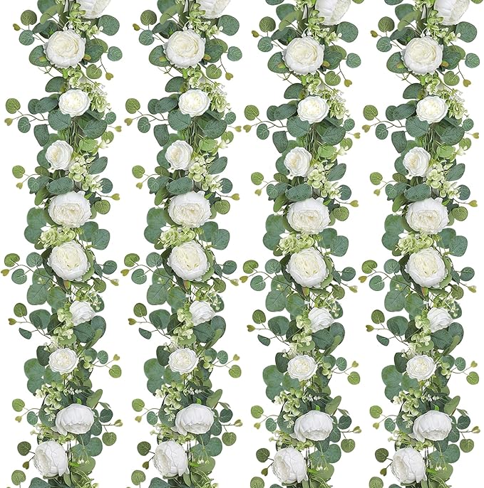 SOMYTING Artificial Flower Garland, Artificial Rose Vine Fake Flower Garland Silk Rose Peony Hanging Vine Faux Floral Garlands for Wedding Party Arch Table Wall Backdrop Decoration (White, 4PCS)