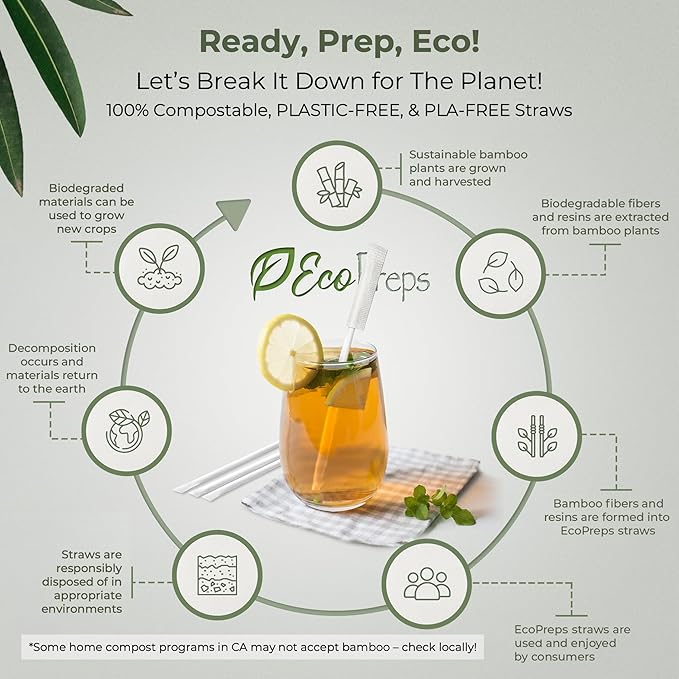 EcoPreps Biodegradable Bamboo Fiber Straws, Plastic-Free Individually Wrapped Straws | 100 Count, 100% Compostable, Eco-Friendly Drinking Straw | 7.8'' Plant Fiber Disposable Straw in White Paper Wrap
