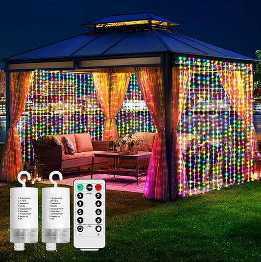 LED Battery Fairy Curtain Lights, 2Pack 300LED 10ftx10ft Battery Power Color Curtain String Lights with Remote Timer for Indoor Bedroom Gazebo Backdrop Outdoor Pergola Decor