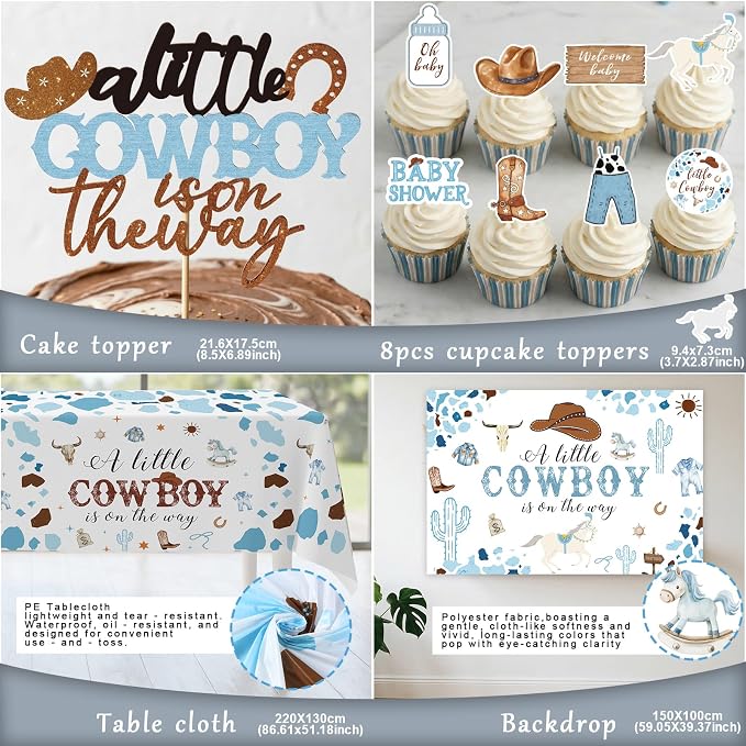 Cowboy Baby Shower Decorations for Boy, Blue Brown Balloons Arch Kit Balloon Boxes A Little Cowboy is on the Way Backdrop Banner Tablecloth Cake Topper Sash Corsage for Western Baby Shower Decor