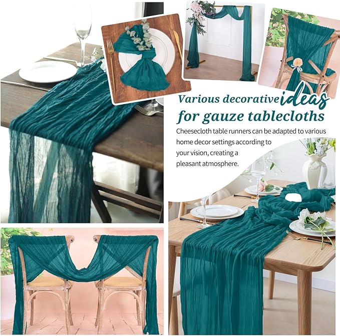 10 Pack Cheesecloth Table Runner Teal, Rustic Boho Gauze Fabric Table Runner Romantic Table Runner for Wedding, Festival, Birthday, Anniversary, Dinner and Outdoor Events (17.7 x 108 inch)