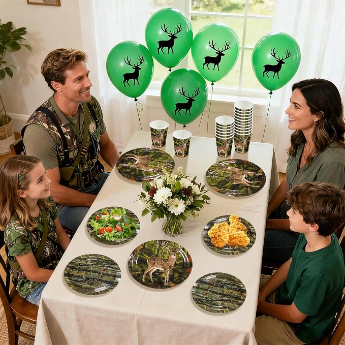168Pcs Hunting Deer Camo Party Decorations Woodland Deer Plates Napkins Cups Forks Knives Spoons Hunting Themed Tableware Set for Hunter Outdoor Camping Picnic Camouflage Party Supplies Serves 24