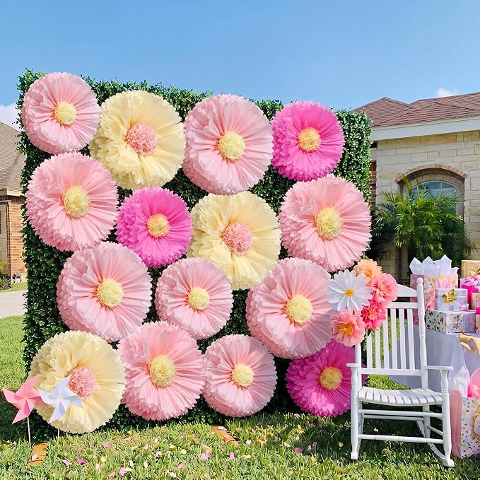 Chunful 5 Pcs 30'' 24'' Pink Giant Tissue Paper Flowers for Back to School Decor Large Hanging Crepe Paper Pom Poms for First Day of School Bulletin Board Welcome Party Decor
