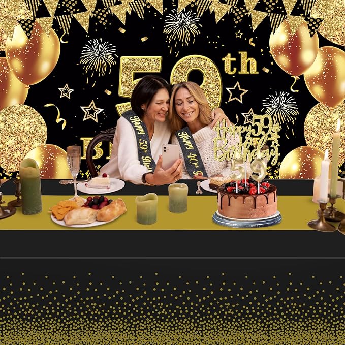 59th Birthday Decorations Men Women with 59th Birthday Banner, Black and Gold Table Cloth, Number Balloons, Large Sash, Cake Topper and Candles