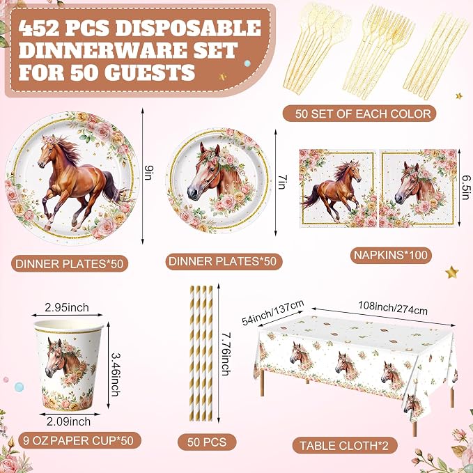 Potchen 452 Pcs Party Supplies Serve 50 Guests, Paper Plates Napkins Cups Cutlery Plastic Tablecloth Dinnerware for Birthday Wedding Party Decoration (Pink Floral, Horse)