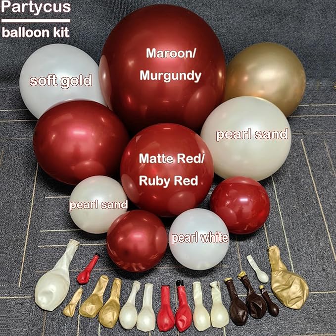 Red White Gold Balloon Arch Double Stuffed Burgundy Pearl White Sand Gold Balloon Garland Kit Red Linking Balloons Fringe Curtain for Birthday Bridal Shower Mother's Day Wedding Engagement Party Decor