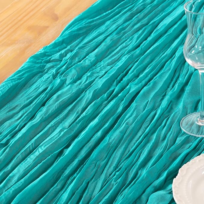 DeZerlor Teal Green Cheesecloth Table Runner 10 Pack Spring Easter Table Runners Boho Gauze 120 Inches Turquoise Cheese Cloth Table Decorations for Easter Wedding Bridal Baby Shower Parties
