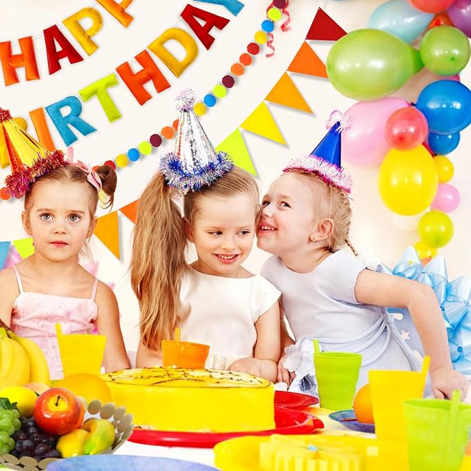 CANREVEL Pre-Strung 3D Happy Birthday Banner, 3 PCS Blue Felt Garland, Pom Pom Garland, Triangle Fabric Bunting, Reusable Blue Birthday Decorations for Boys Men, Blue Orange