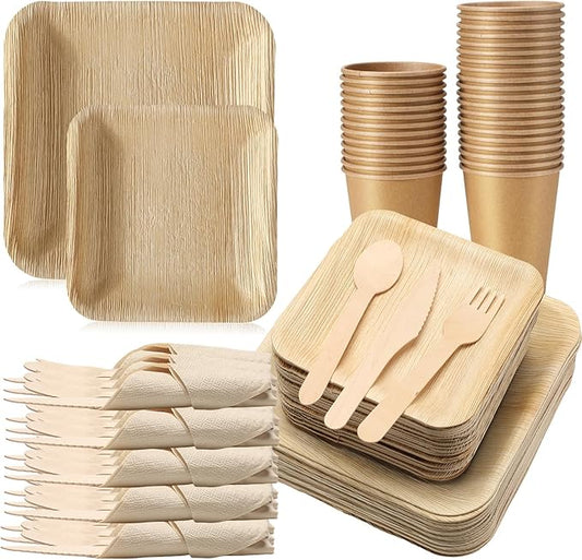 Bokon 350 Pcs Palm Leaf Disposable Dinnerware Set for 50 Guests, 50 Square Palm Leaf Plates 50 Dessert Plates 50 Forks 50 Spoons 50 Knives 50 Cups 50 Paper Napkins for Wedding Birthday Party Supplies