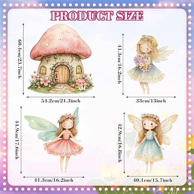 Honoson 4 Pcs Large 24" x 32" Fairy Cardboard Cutouts, Fairy Party Decoration Yard Signs Standup for Baby Shower Birthday Mushroom Flower Forest Lawn Wonderland Garden Photo Prop Party Supplies