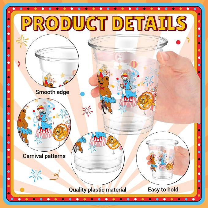 FoldTier 50 Pcs Circus Cups 12 oz Plastic Circus Birthday Cups Clear Circus Disposable Cups Circus Theme Drinking Cups for Home Party Circus Theme Birthday Baby Shower Supplies Decoration (Circus)