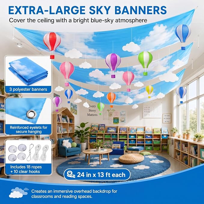 46 Pcs 2026 Hot Air Balloon Hanging Ceiling Decoration for Classroom 24" x 13ft Blue Sky and Clouds Banner 3D Paper Lantern Cloud Hanging Ornament, Hook for Back to School Party Class Decor