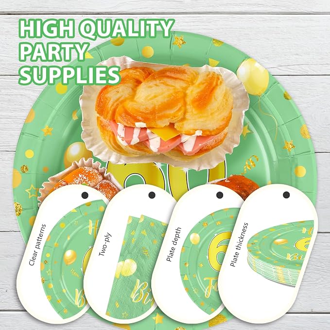 96 Pcs 60th Birthday Decorations for Women Green and Gold 60th Birthday Plates and Napkins Sage Green Tableware Set for Women Men 60 Years Old Party Supplies, Serves 24