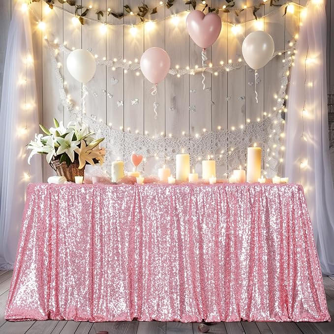 Poise3EHome Fuchsia Pink Sequin Tablecloth 50×80 Inch Rectangle Sequin Fabric Table Cover Overlay for Valentine Birthday Wedding Party Holiday Baby Shower Cake Table Decoration