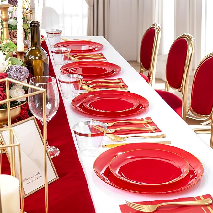 NOCCUR 350PCS Red Plastic Plates - Disposable Red Gold Dinnerware Set for 50 Guests, 100 Dinner/Dessert Plates, 150 Gold Silverware, 50 Cups&50 Napkins for Party/Wedding/Mother's Day