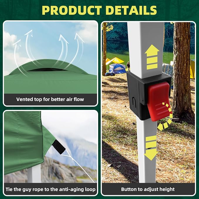 Durable 10 x 10 Pop-up Canopy Tent with 1 Sidewall, Portable Instant Camping Beach Canopy Tents, Green