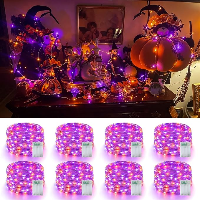 YEGUO Fairy Lights Battery Operated, 8 Packs Each 16ft 50 LED String Lights, 2 Modes Silver Wire Christmas Twinkle Light Indoor for Halloween Bedroom Wedding Party Holiday Gift(Orange and Purple)