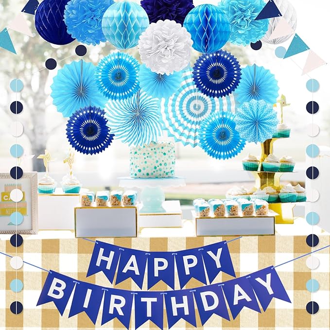 24Pcs Blue Birthday Party Decorations for Boys Men Navy Royal Light Blue Honeycomb Ball, Hanging Paper Fans, Pom Poms, Baby Shower Decorations Boy, Party Supplies 16th 18th 21th 30th 40th 50th