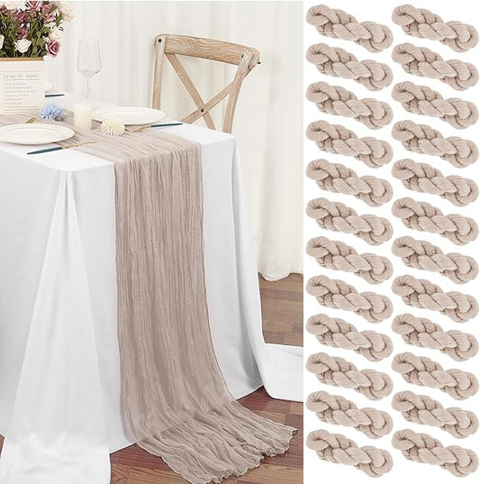 24 Packs Taupe Table Runner, Charming Cheesecloth Table Runner 17 x 108inch, Gauze Boho Wedding Decoration Rustic Sheer Fabric Cheese Cloth Table Runners for Wedding Party Bridal Shower