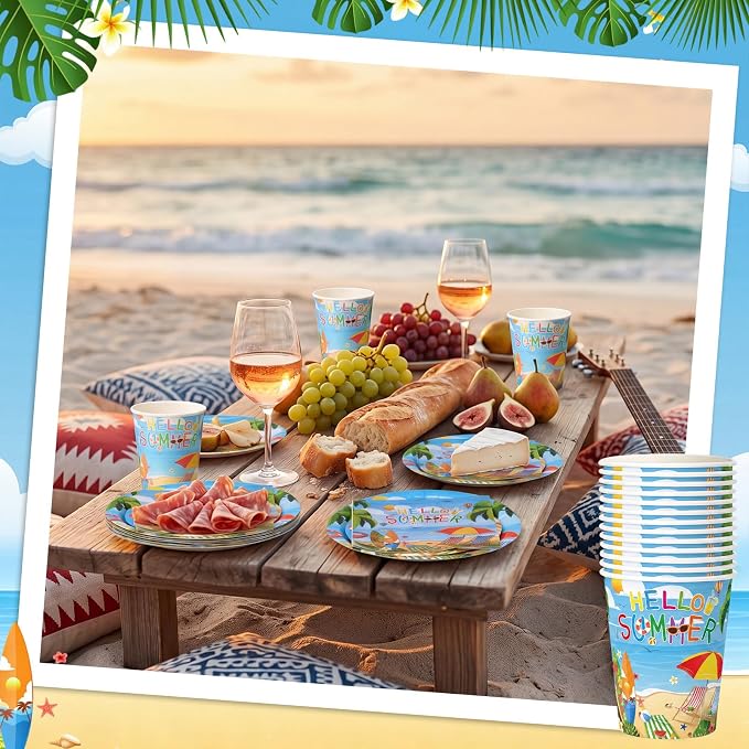 Pickmesh 250 Pcs Hello Summer Plates Napkins and Cups Beach Party Decorations Hawaiian Tropical Disposable Paper Tableware Set for 50 Guests Summery Ocean Pool Luau Birthday Party Supplies