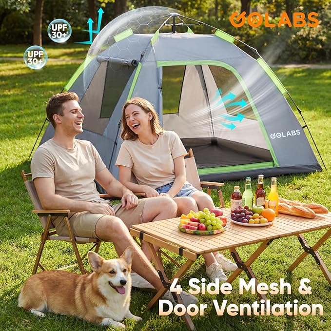 Golabs Pop Up Camping Tent for 2/3/4 Person, 1-Min Setup by Pre-Attached Pole, 4 Side Mesh& Door for View/Airflow, CT2 Instant Canopy Tent with PU1500mm Waterproof, for Outdoor/Camping/Music Festivals