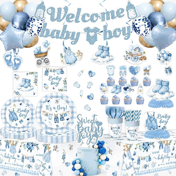 Blue Baby Boy Shower Decorations,224PCS Disposable Plates Napkins Set,Banner, Hanging Swirls, Centerpieces,Cake Topper,Tablecloth,Baby Shower Decorations for Boy Serves 24
