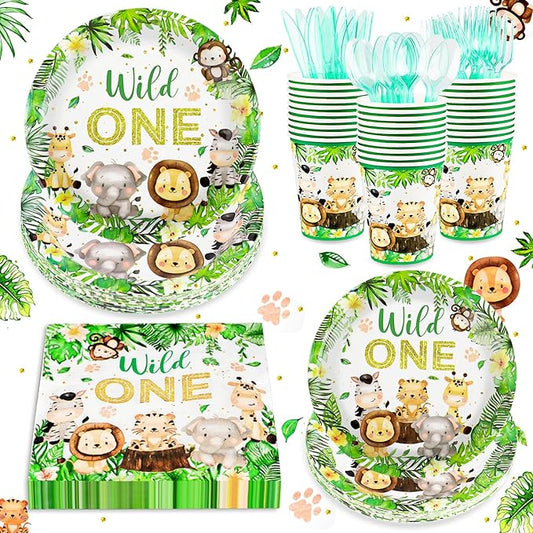168 PCS Wild One Birthday Tableware Supplies, Disposable Plates Napkins Cups Knives Forks Spoons, Elephant Tiger Cow Tableware Set for Jungle Safari Birthday Baby Shower Party Decor, Serves 24