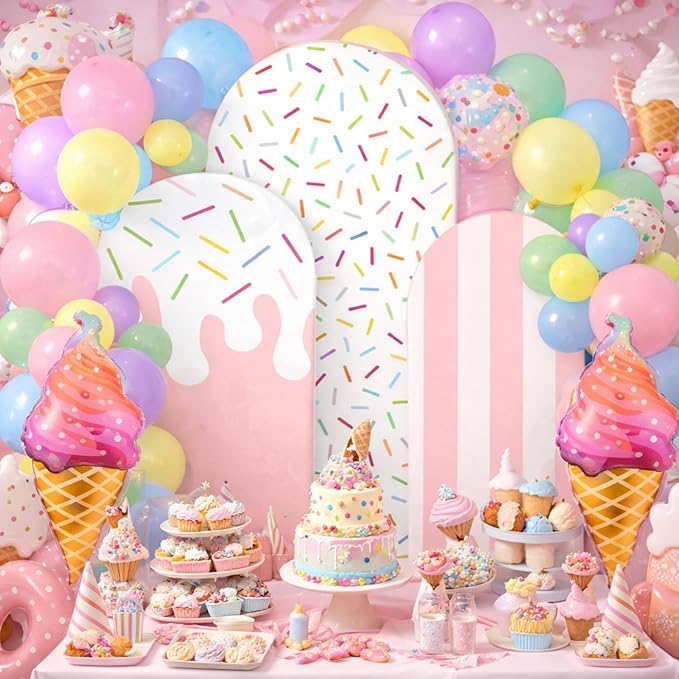 Foilswirl 34 Pcs Sweet One Birthday Decorations Pastel Donut Ice Cream Balloon Arch Backdrop Covers Pastel Spandex Arch Backdrop Cover with Ice Cream Foil Donut Balloons for Sweet Birthday Party