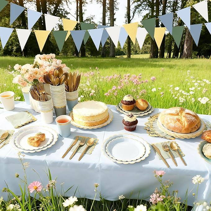 Mimorou 342 Pcs Dusty Blue Green Party Supplies for 48 Guests, Forest Green and Dusty Blue Scalloped Paper Plates Napkins Cups Gold Cutlery Tablecloth Banner Set for Birthday Baby Shower Wedding