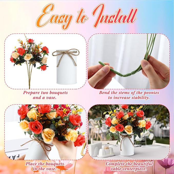 Domensi 12 Sets Wedding Centerpiece for Table Artificial Rose with Vase Fake Bouquets and Metal Pot Flower Arrangements for Bridal Shower Birthday Party Event Table Decor (Orange)