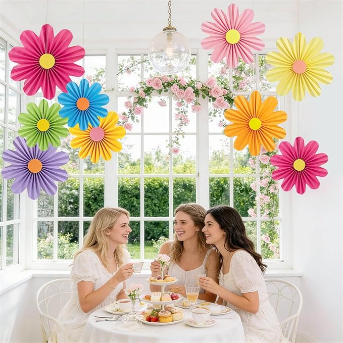 Paper Jazz Colorful Party Decorations with Daisy Paper Flower,Rainbow Birthday Decorations-9pcs Tissue Mexican Decor for Home Backdrop Garden Birthday Party Wall Hanging Fan for Spring Party