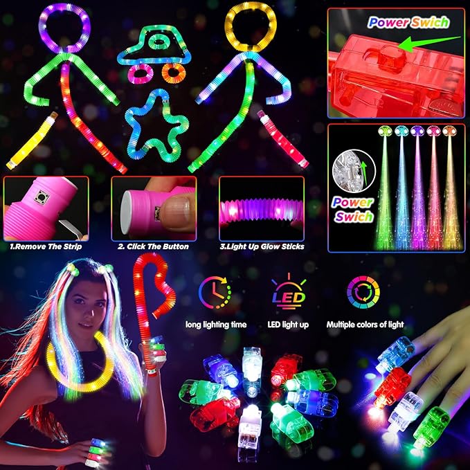 SHQDD Party Supplies, Glow in the Dark Party Favors for Adults Kids, 27 Carnival Accessories, 56 LED Light Up Toys Bulk, 100 Glow Sticks Party Pack, Neon Party Supplies & Decorations