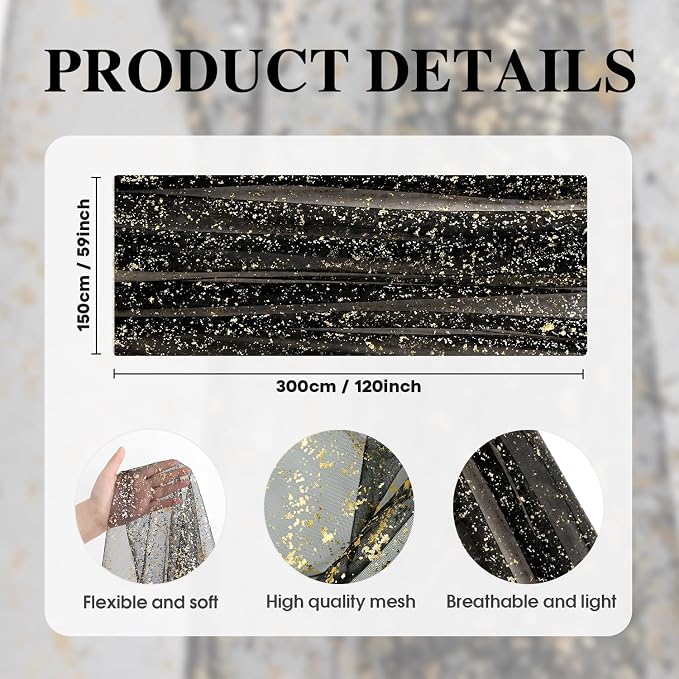 Artoid Mode Black Gold Gauze Table Runner 59x120 Inch 10FT, Glitter Metallic Foil Sheer Dining Wedding Anniversary Holiday Birthday Table Decor for Home Party