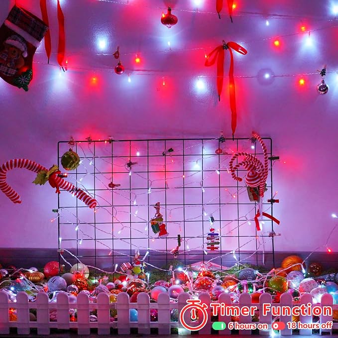 YEGUO Battery Operated String Lights, 2 Pack Each 33ft 100 LED Twinkle Fairy Lights Outdoor Waterproof, 8 Modes Clear Wire Red and White Christmas Lights Indoor with Remote