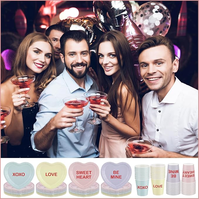 Maxcheck 196 Pcs Conversation Heart Party Supplies Valentine's Day Party Tableware Decorations Heart Disposable Paper Plates Napkins Cups for Valentine Anniversary Birthday Wedding, Serves 48(Pastel)