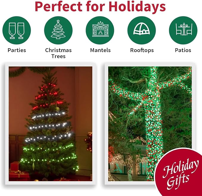 LAMPHOME 65.3ft Christmas Decorative Mini Lights, 200 LED Transparent Wire Fairy Starry String Lights Plug in, 16 Lighting Modes for Outdoor Xmas Tree Wedding Party Decoration (Red Green White)