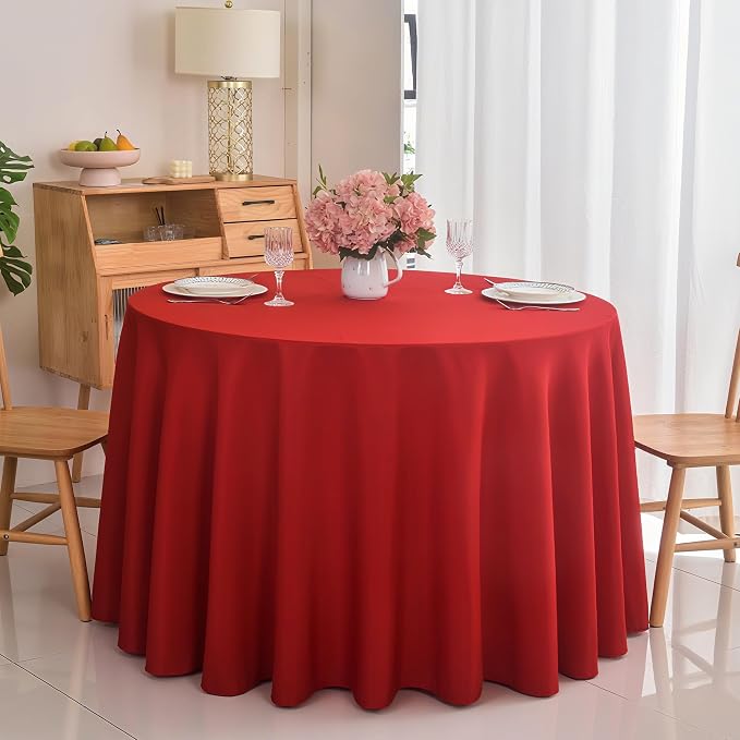 6-Pack Round 90-inch Red Table Cloths, Solid Stain and Wrinkle Resistant Circular Tablecloth, Premium Plain Weave Polyester Fabric Table Linen Covers for Hotel, Banquet