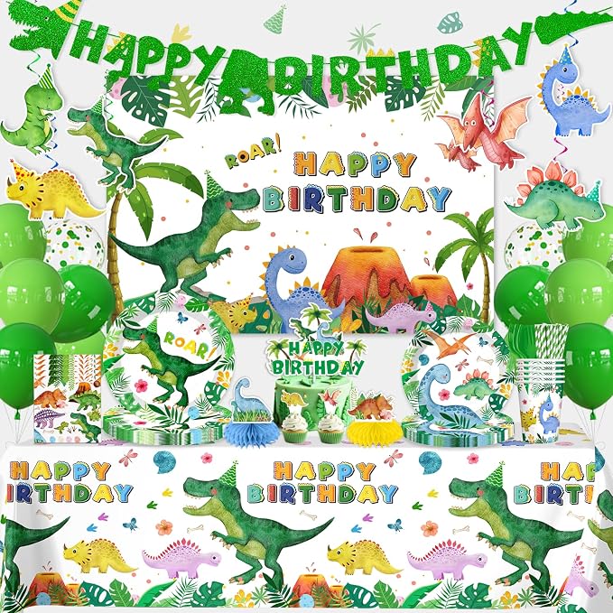 356pcs Dinosaur Birthday Decorations Serves 50, All-in-one Set with Dinosaur Plates and Napkins Set, Banner, Tablecloth, Cupcake Topper, Etc, for Boy Birthday Decorations and Dinosaur Theme Party