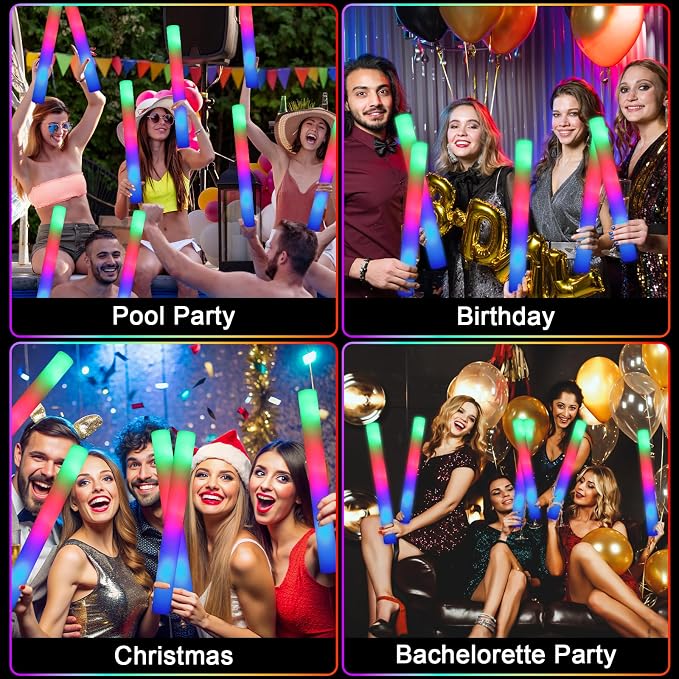 HONLYNE 44 PCS Foam Glow Sticks with 3 Modes Colorful Flashing, Foam Light Up Sticks, LED Light Sticks, Glow Sticks Party Pack for New Year, Wedding, Raves, Concert, Christmas