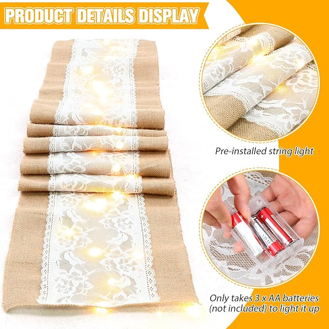 Xinnun 6 Pack Burlap Table Runner with Warm LED Lights,Rustic Lace Wedding Table Decor,Boho Farmhouse Jute Runner for Reception Bridal Shower Party(Novelty,12x108 Inches)