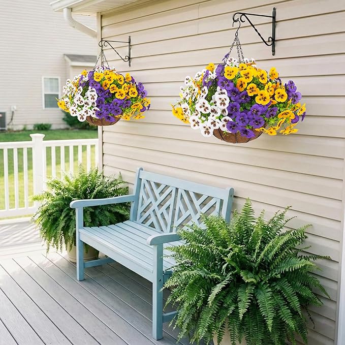 lovemoon 2 Sets Artificial Hanging Pansy Flowers with Baskets, 24 Pcs UV Resistant Faux Silk Pansy Outdoor Hanging Flower for Porch Patio Garden Home Spring Decor (2, White,Yellow,Purple)